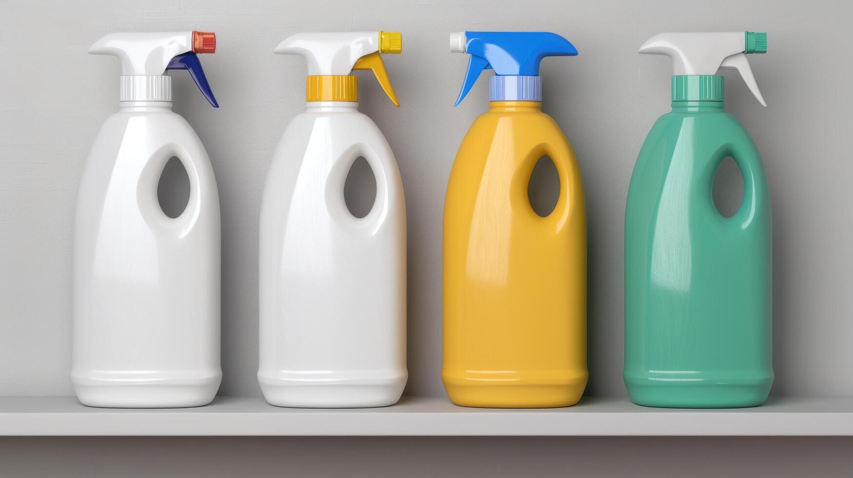Assortment of cleaning product bottles on shelf photo
