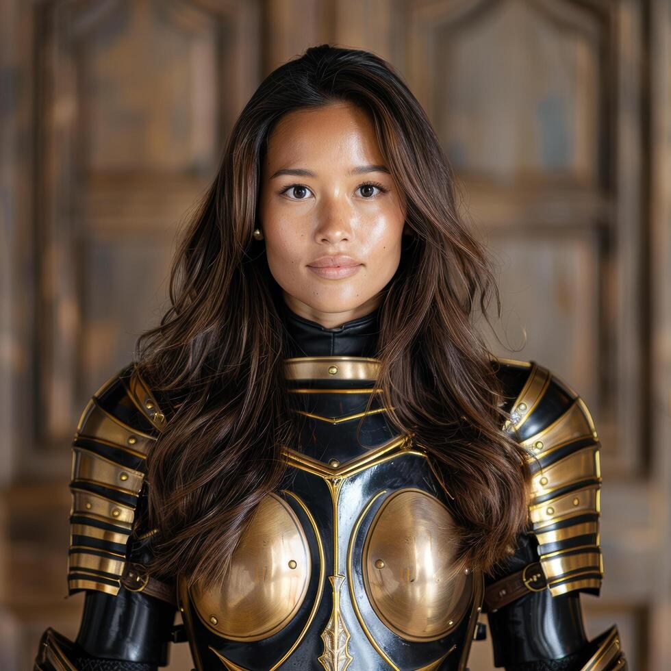 Confident woman in futuristic armor photo