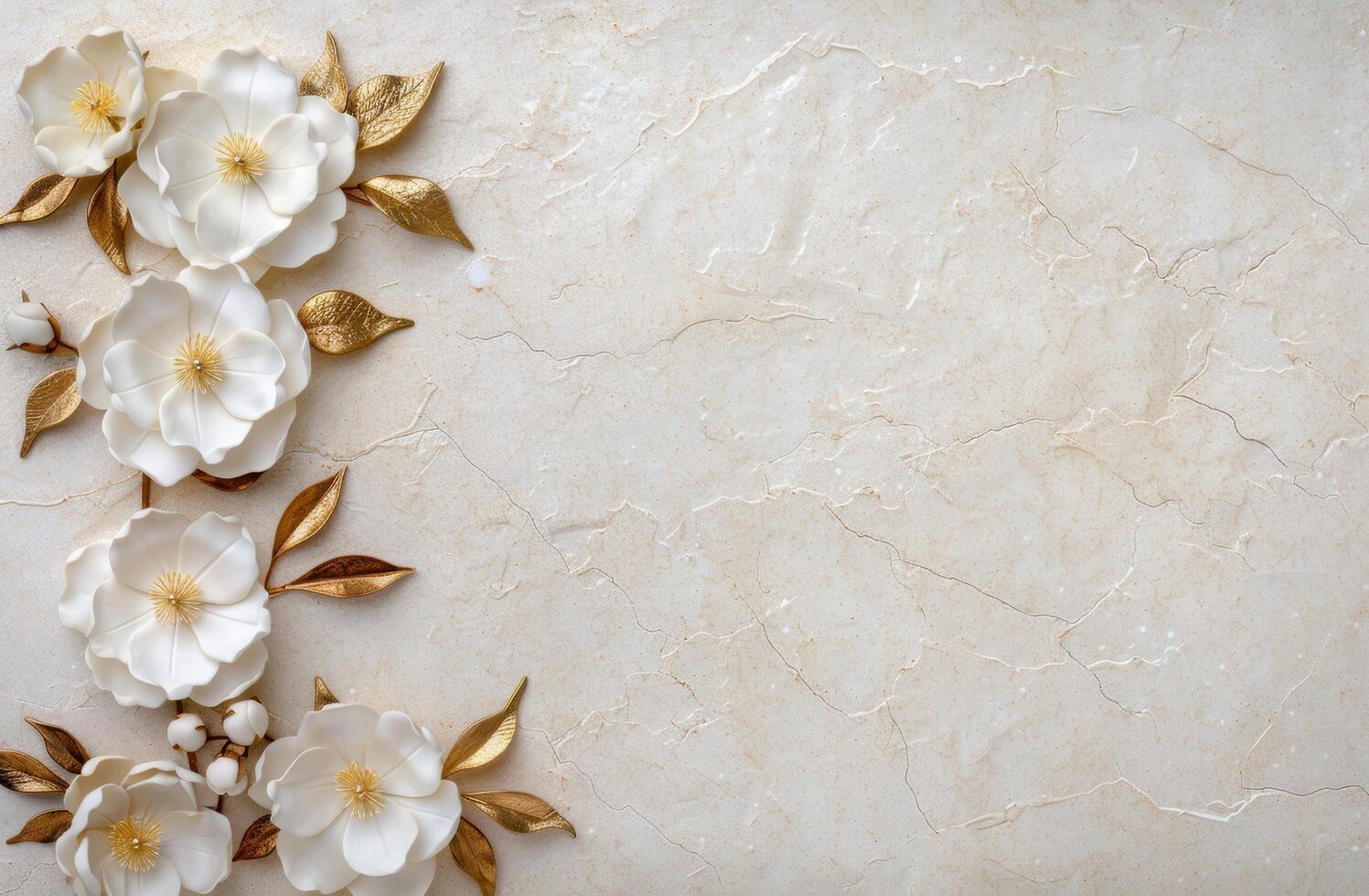 elegant floral background with white flowers and golden leaves photo