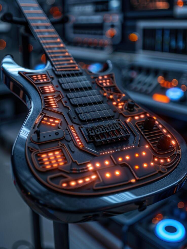 Futuristic electric guitar with glowing lights photo