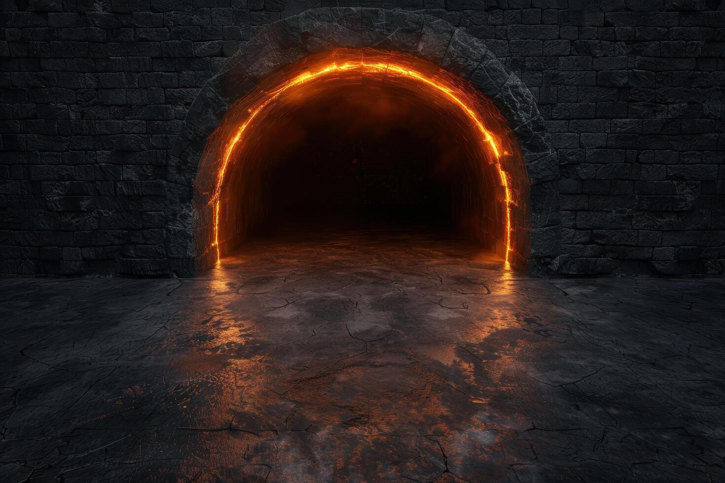 Glowing archway in dark tunnel photo
