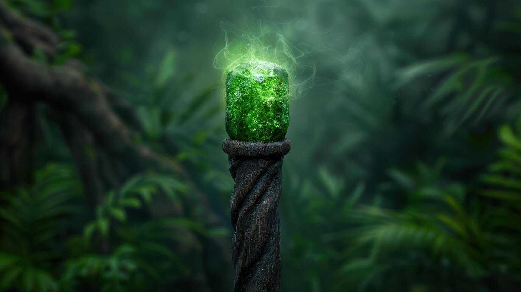 Glowing crystal in misty forest photo
