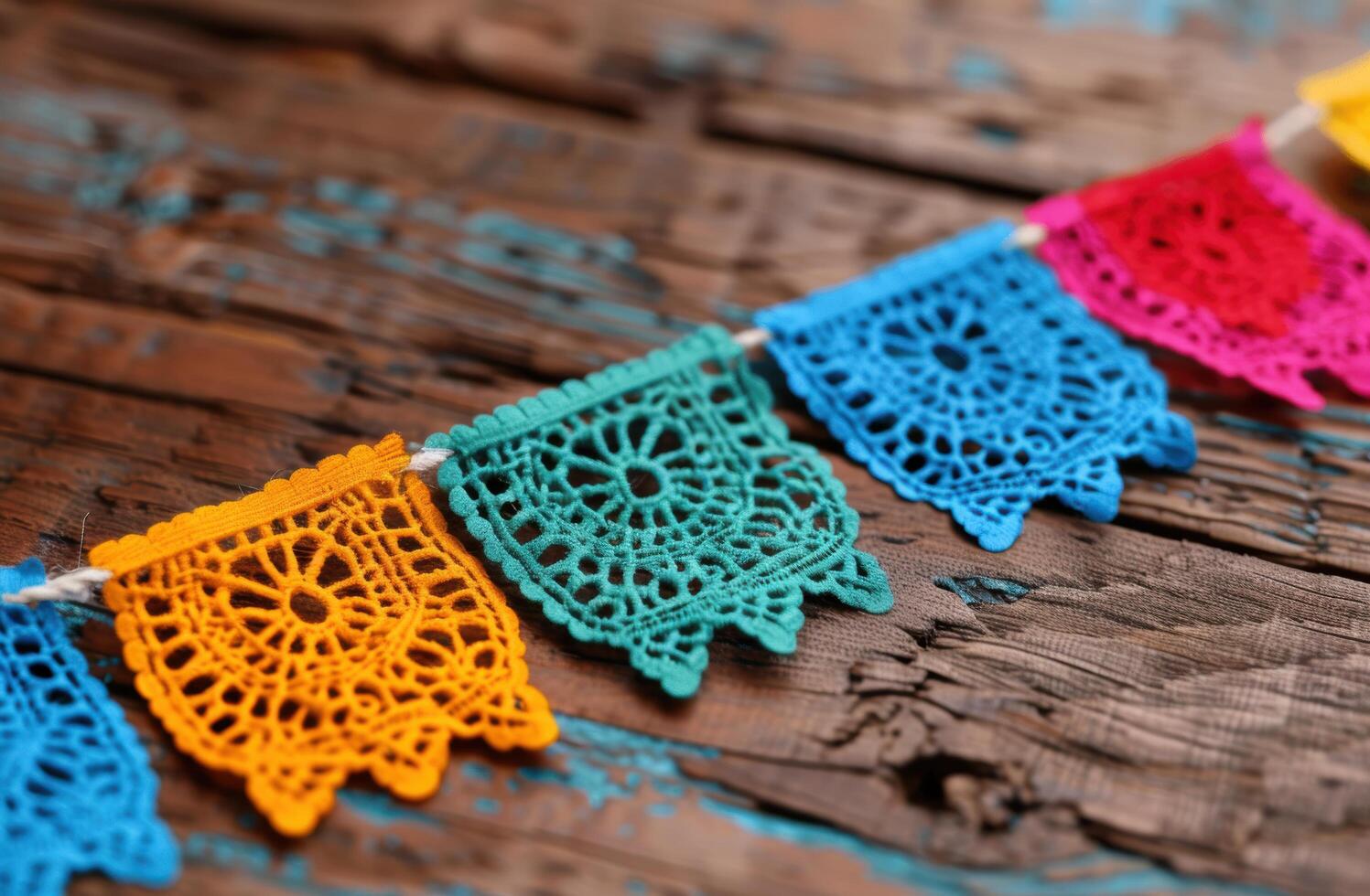 Colorful crocheted doilies on rustic wooden background photo