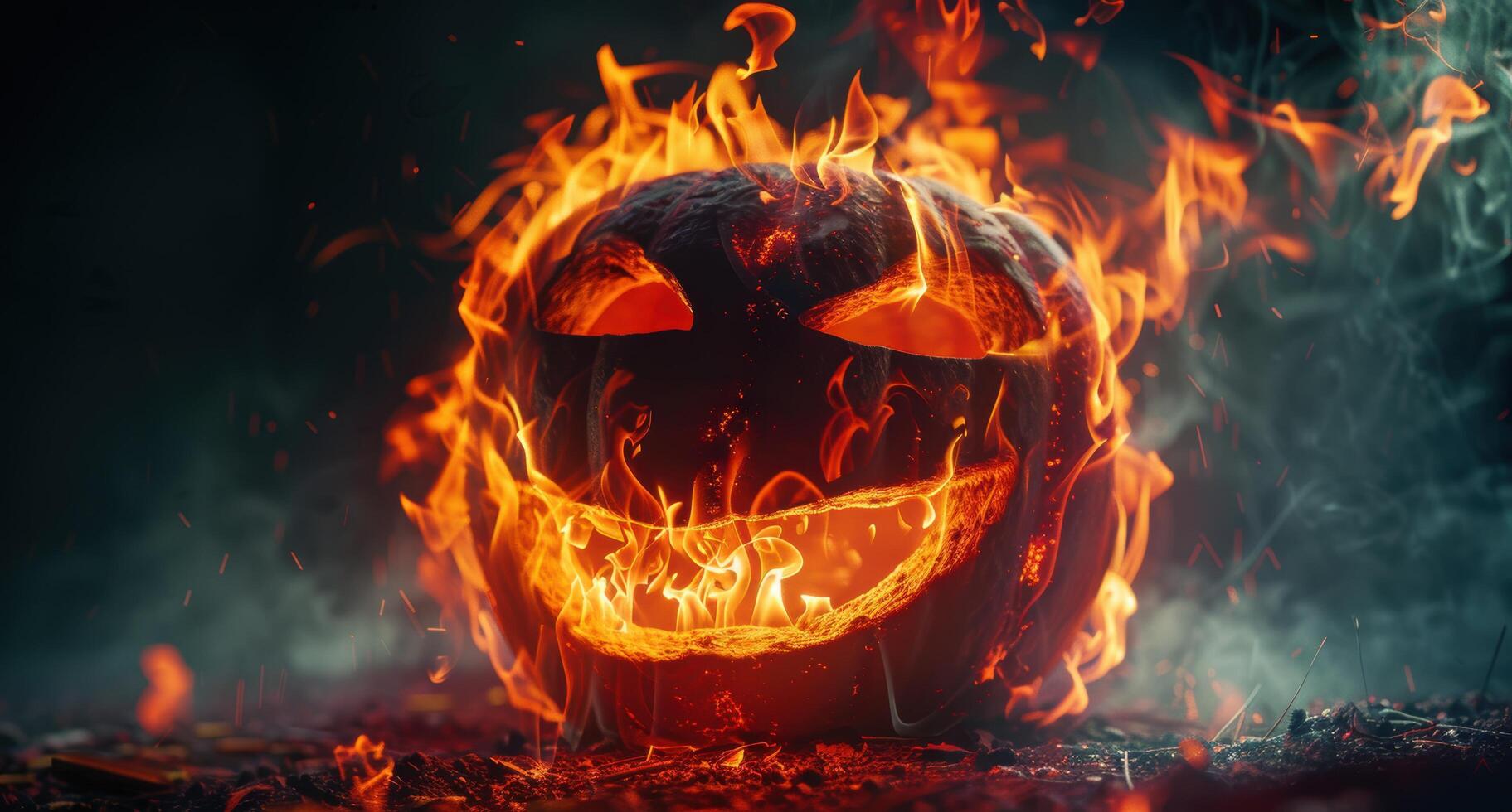 Burning halloween pumpkin with flames photo