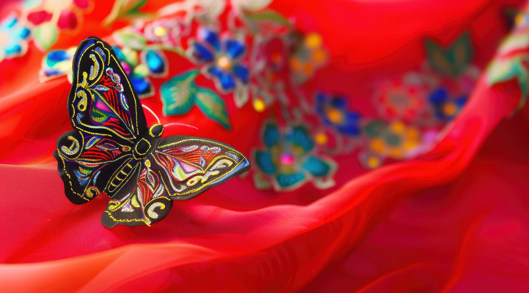 Vibrant Butterfly Embroidery on Colorful Fabric photo