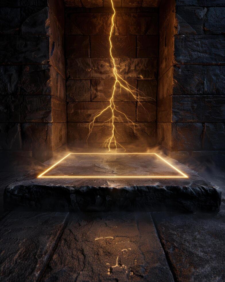 Dramatic lightning bolt in dark stone archway photo