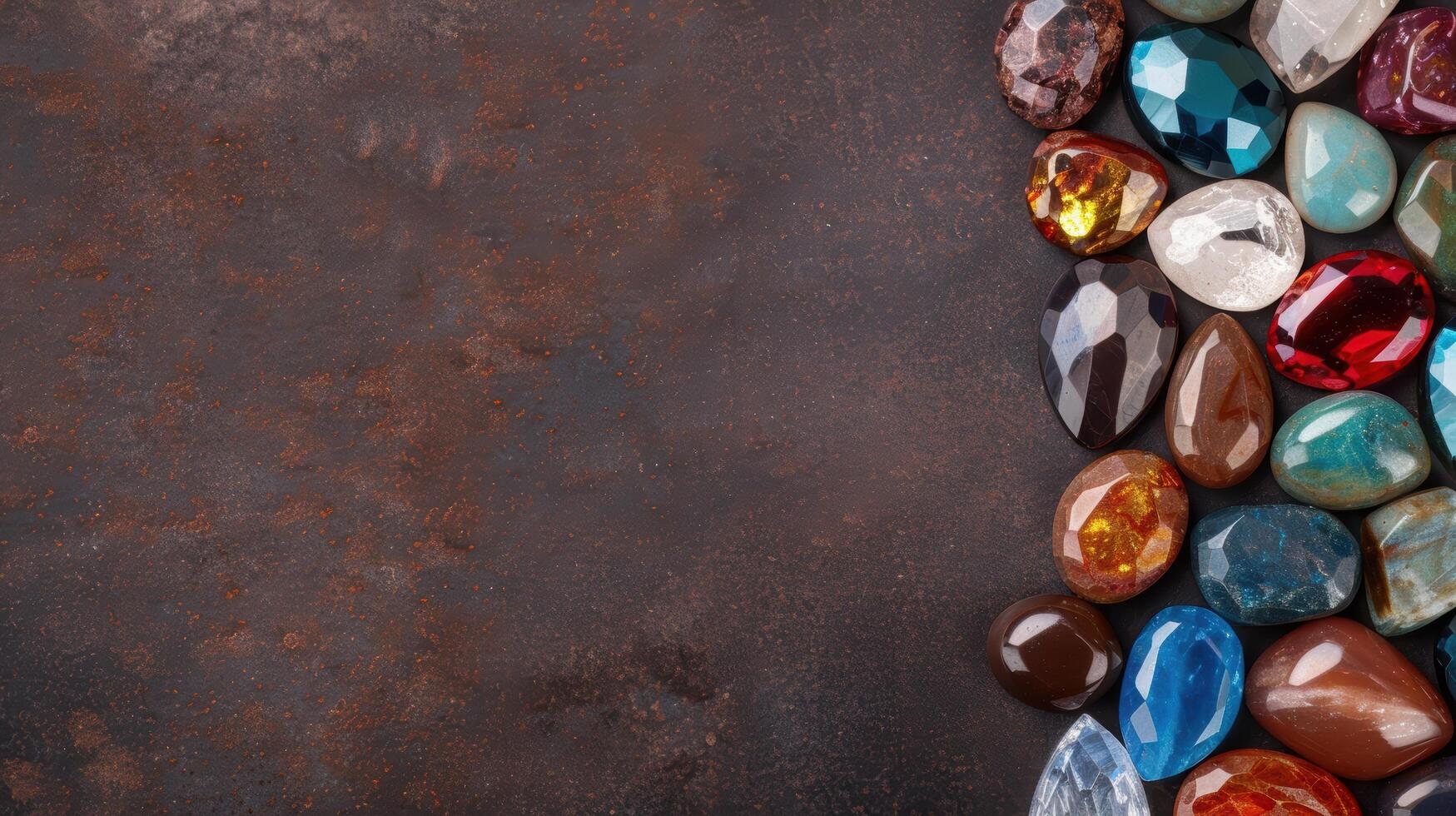 Assortment of colorful gemstones and crystals on a rustic background photo