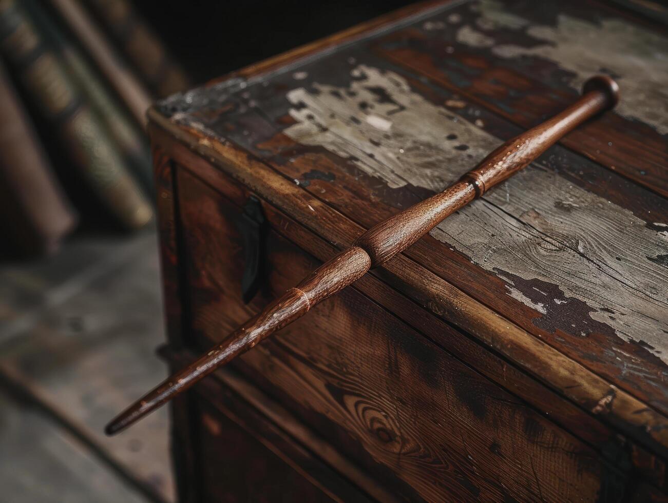 Vintage wooden box with old wand photo