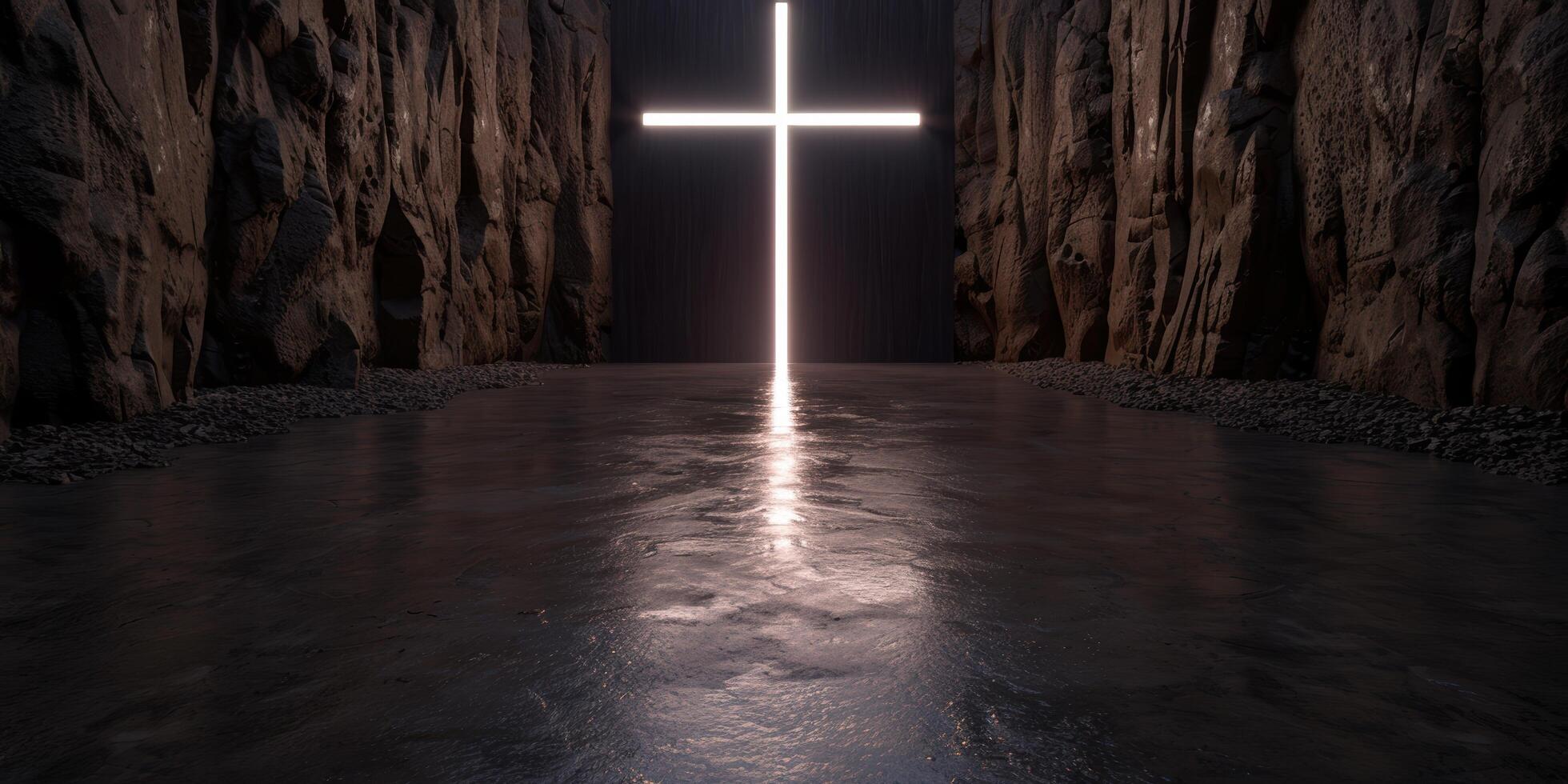 Glowing cross in dark cave photo