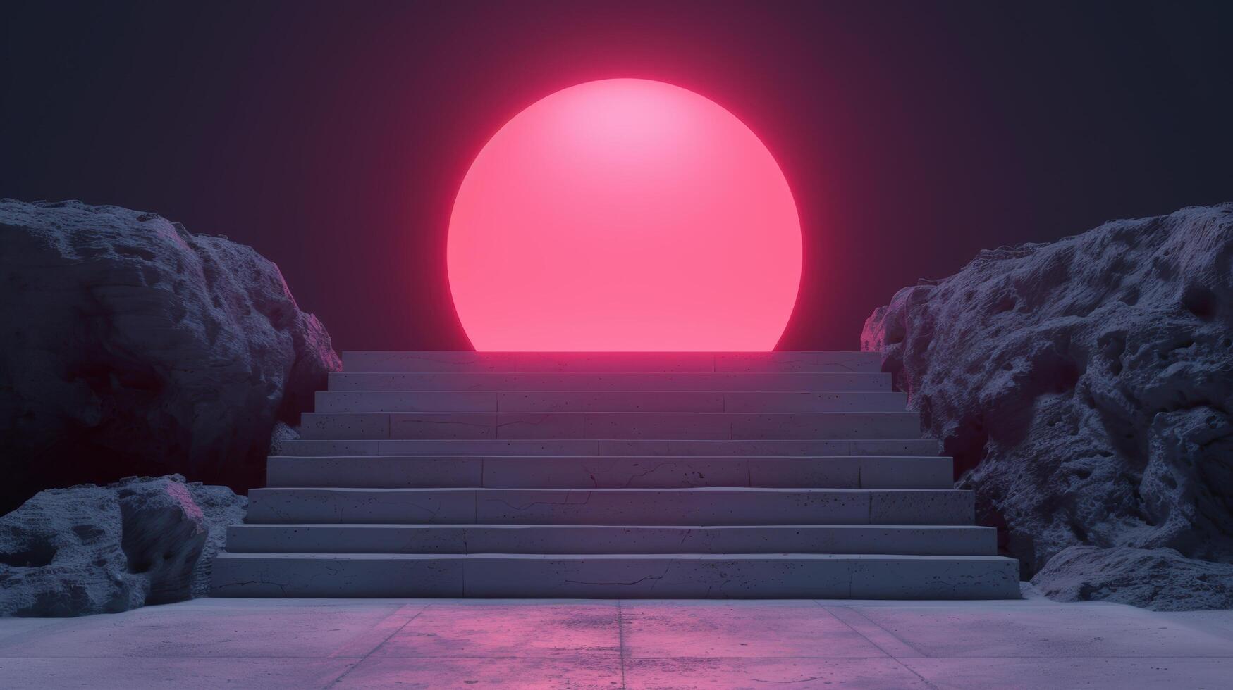 Surreal sunset over snowy landscape with stairs photo
