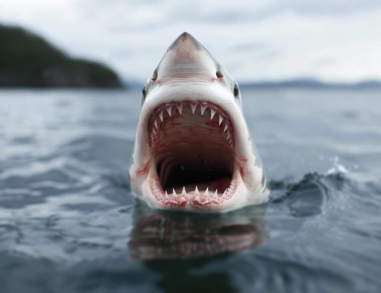 Fearsome shark with open jaws emerging from the ocean photo