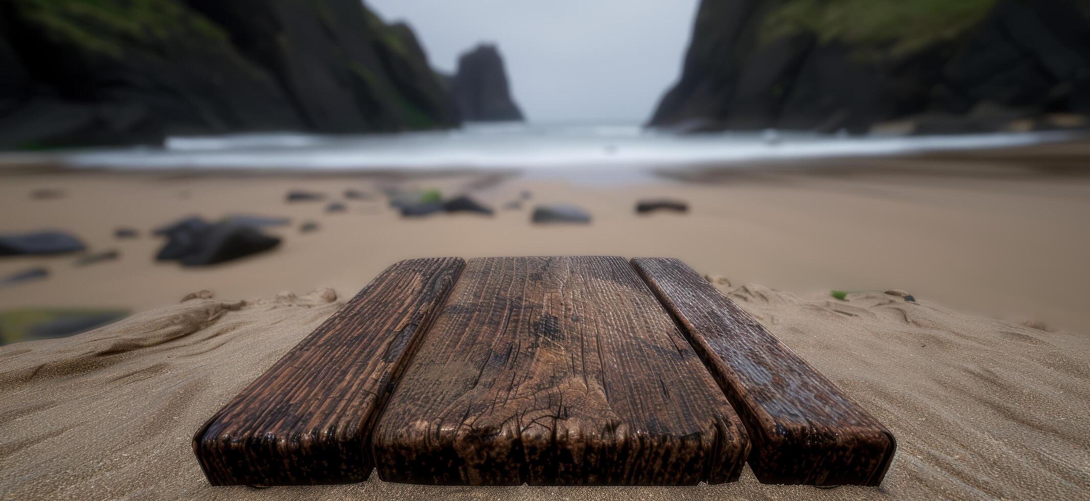 Weathered wooden dock on a secluded beach photo