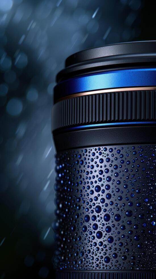 Close up of a camera lens with water droplets photo
