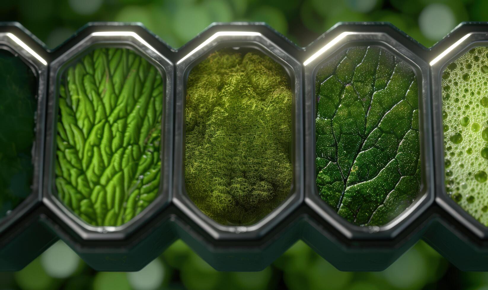 close up of various green leaves in hexagonal frames photo
