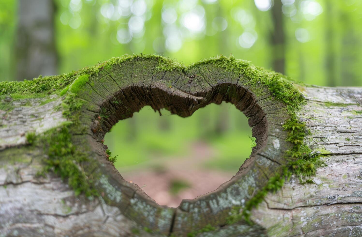 Heart shaped opening in a moss covered tree trunk photo