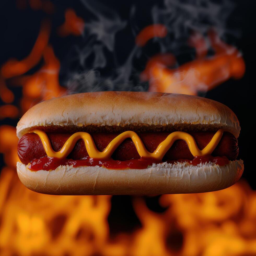Delicious hot dog with mustard and smoke photo