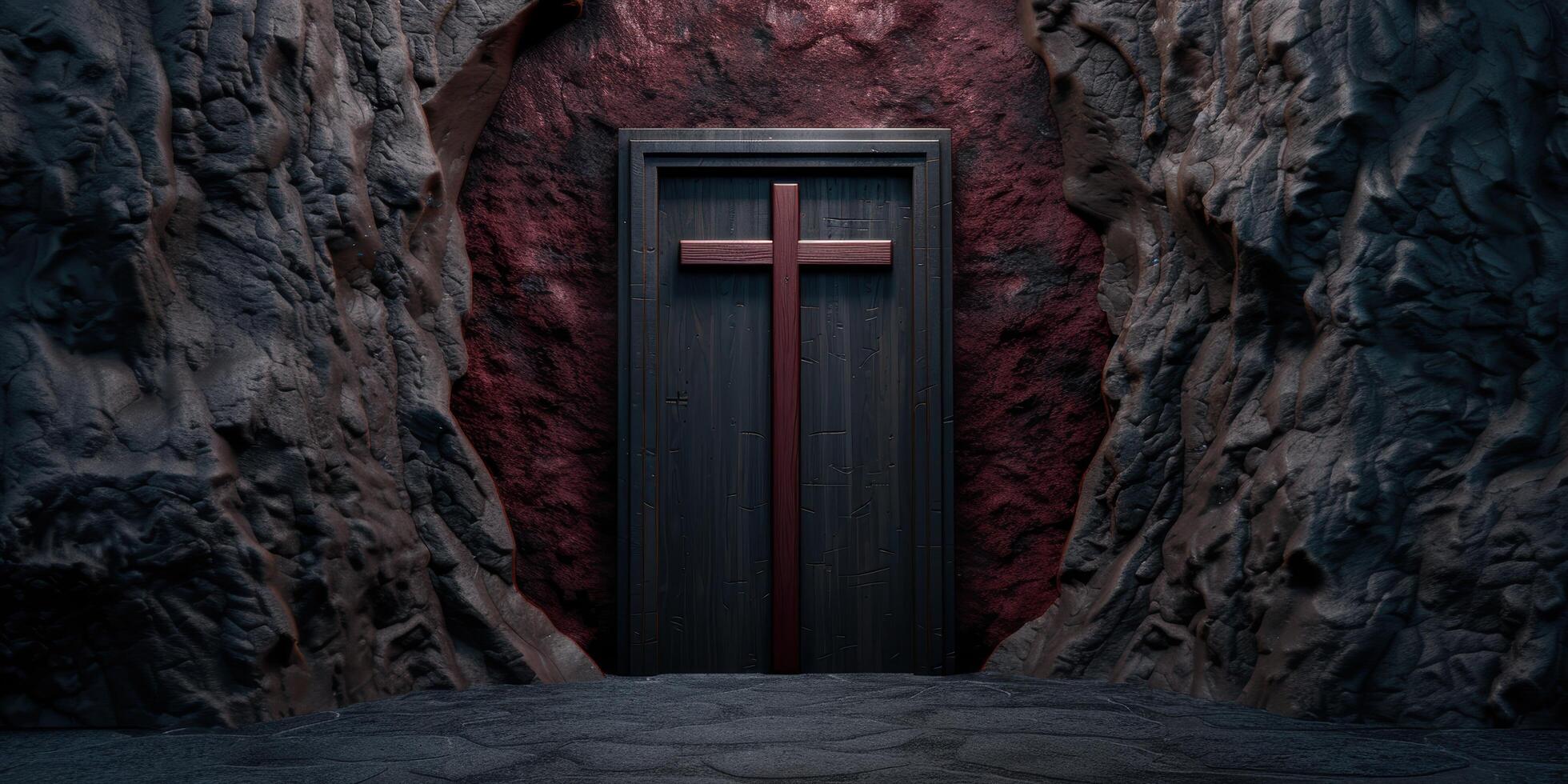 Mysterious religious door in dark cave photo