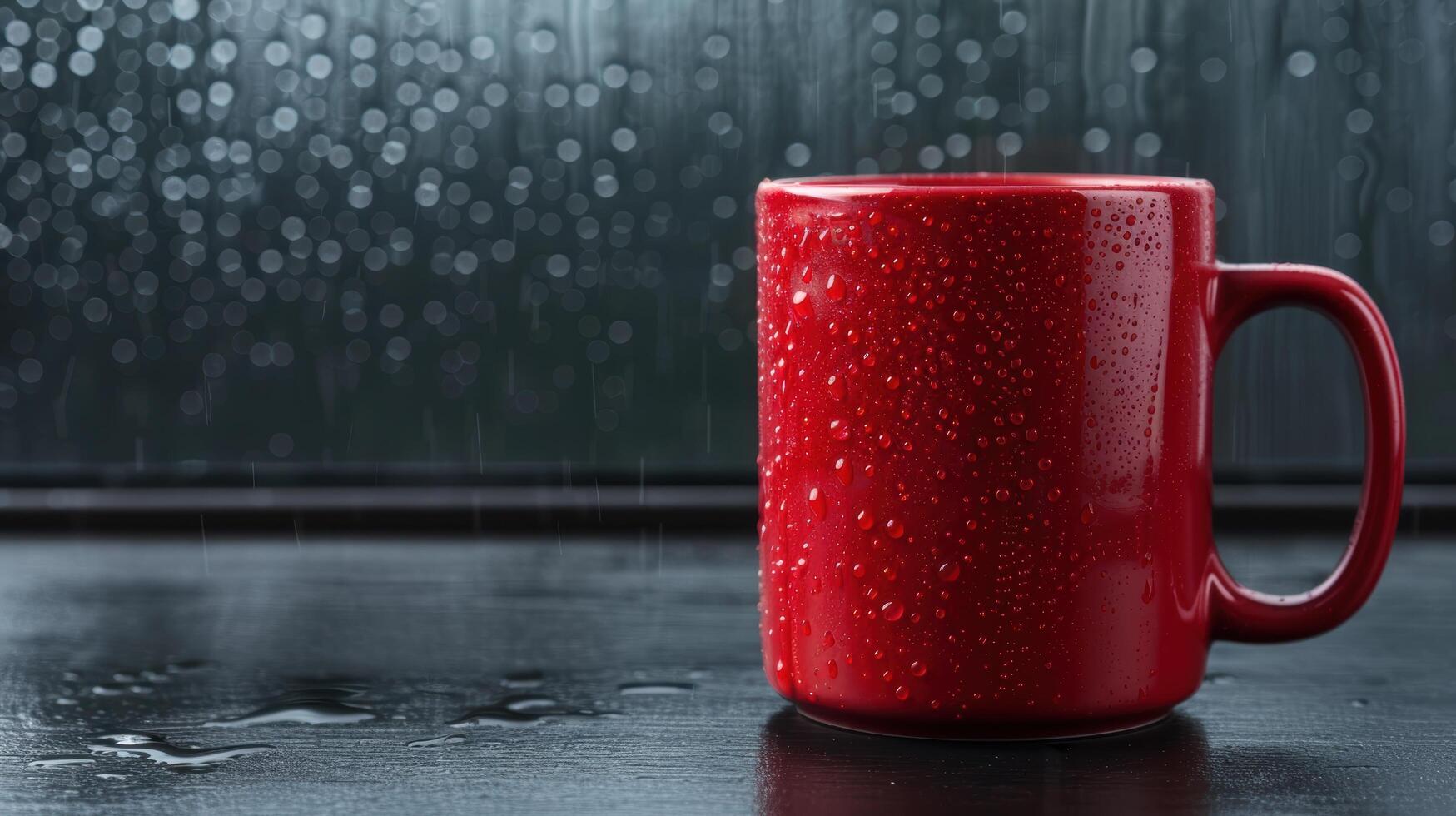 red mug with raindrops on a rainy day photo