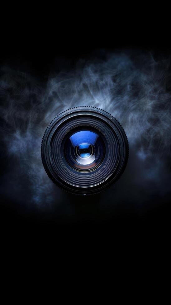 close up of a camera lens with smoke in the background photo