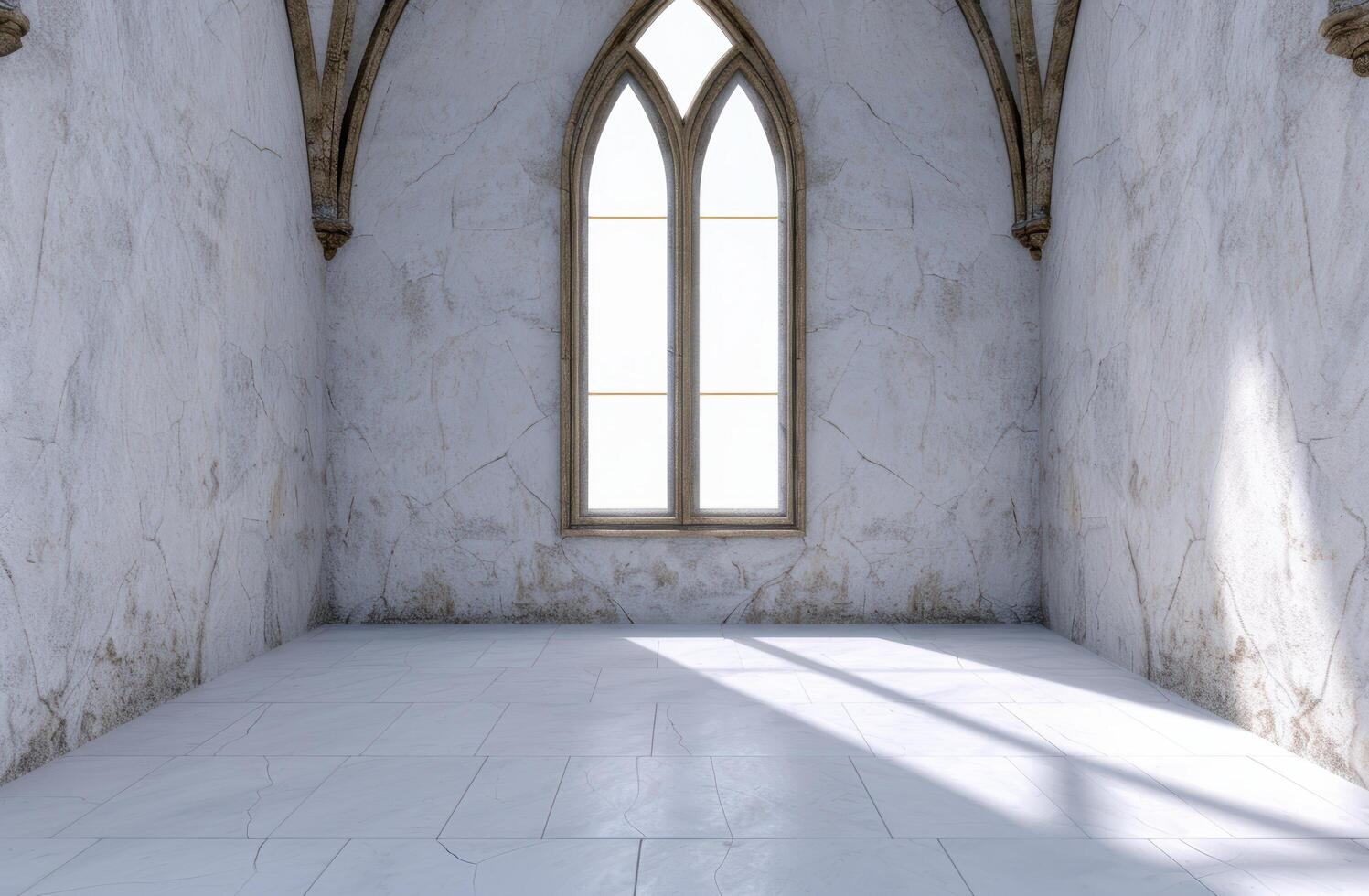 Empty gothic cathedral interior with arched windows photo