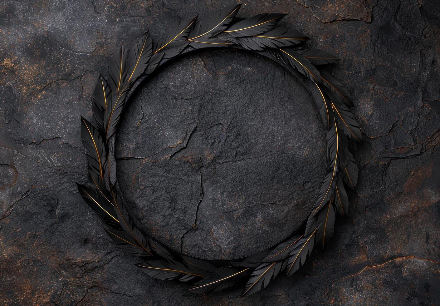 dark feather wreath on slate background photo