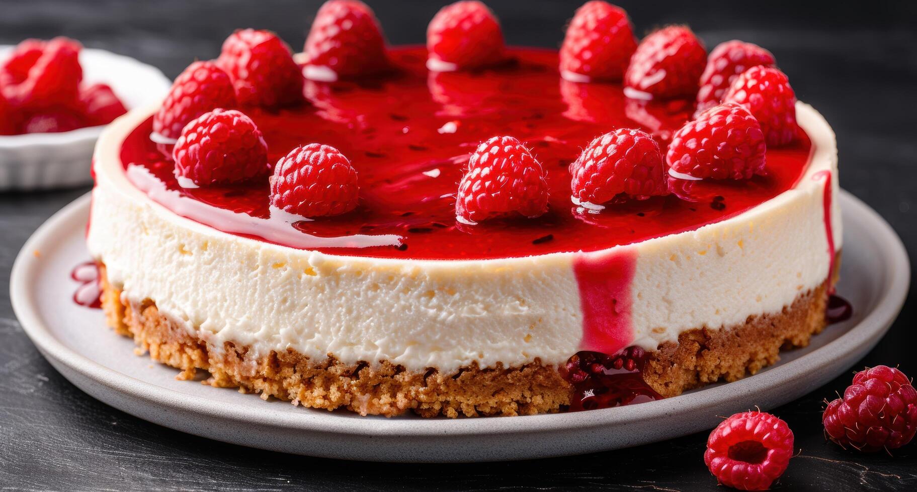 Delicious raspberry cheesecake with fresh raspberries photo
