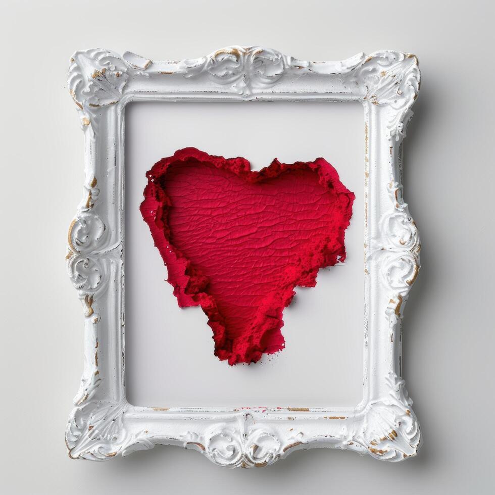 Vibrant red heart shaped art piece in ornate white frame photo