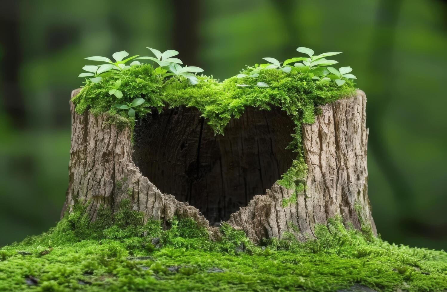 Heart shaped moss covered tree stump in lush green forest photo