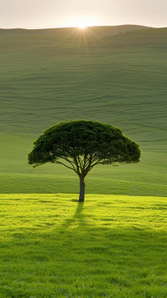Lone tree in a green field at sunset photo