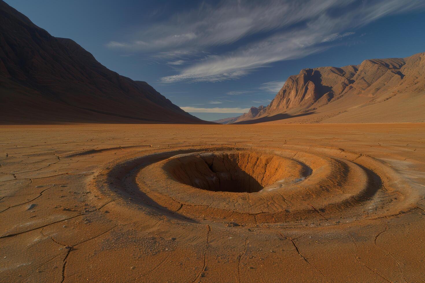 Dramatic desert landscape with cracked earth and rugged mountains photo