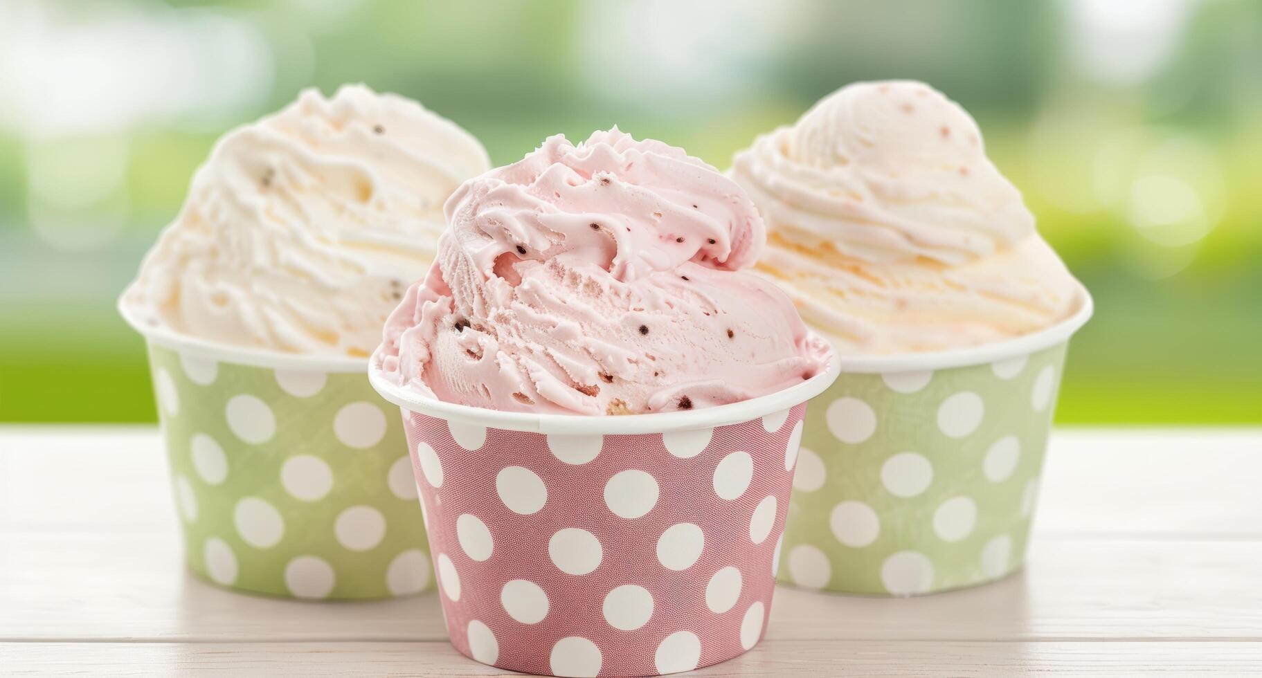 Delicious ice cream scoops in polka dot cups photo
