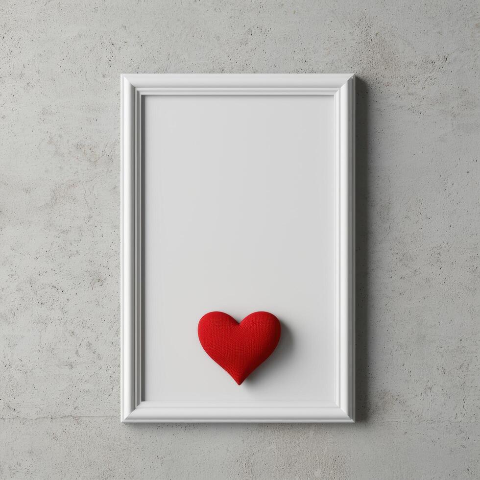 red heart in white frame on concrete background photo