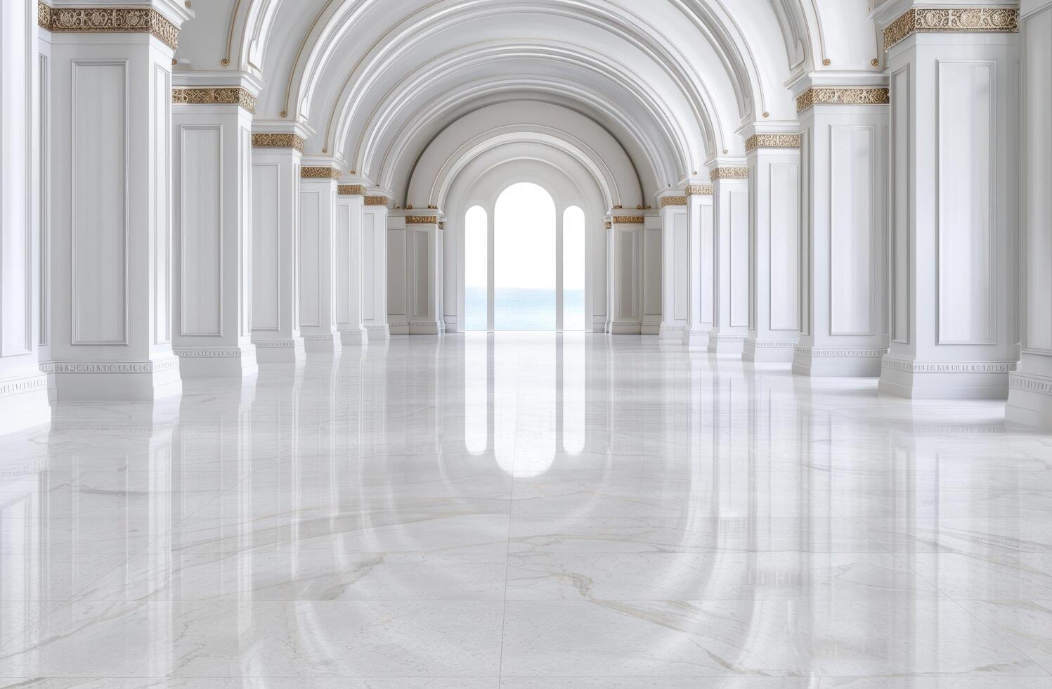 Elegant and ornate interior architecture with marble floors and arched windows photo