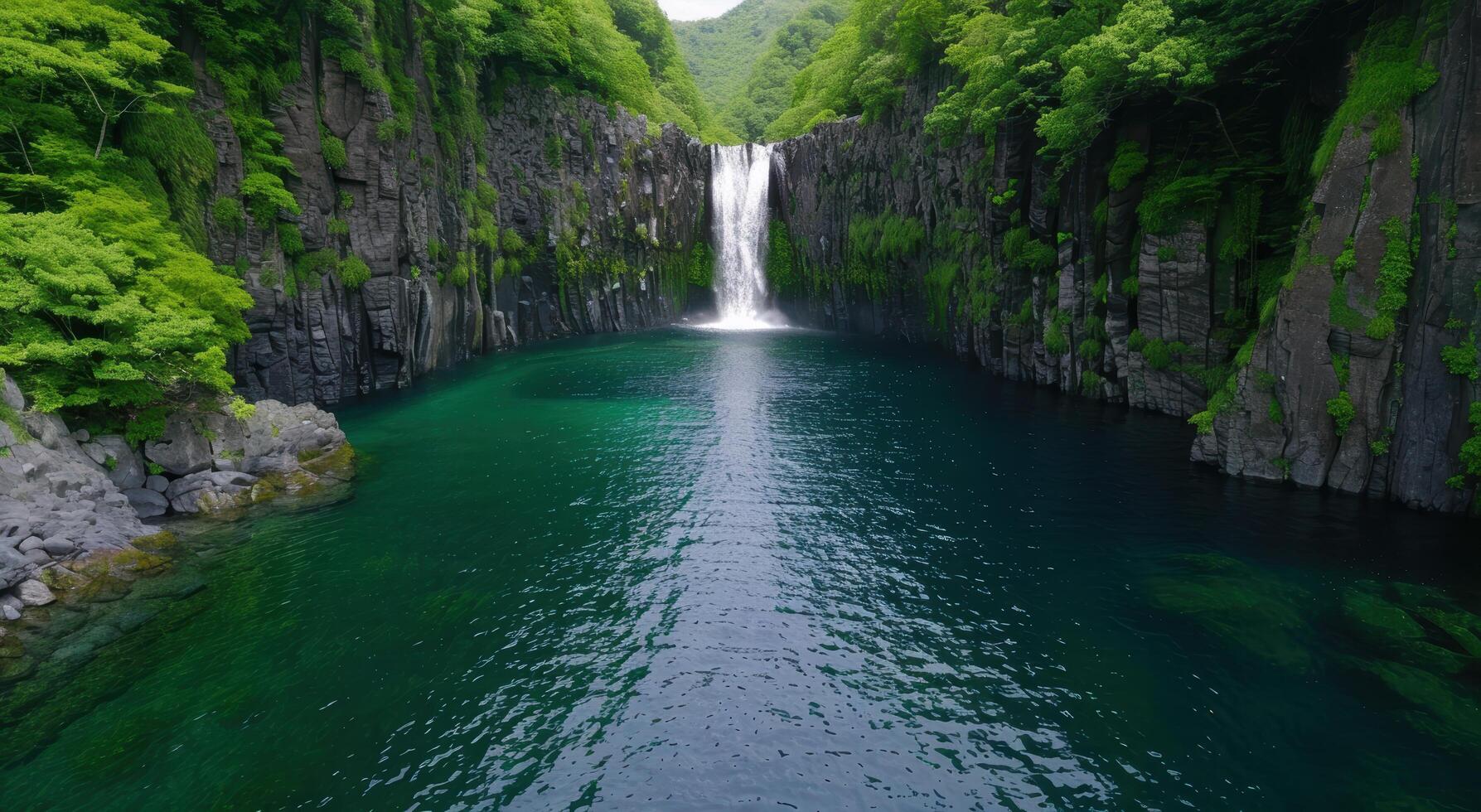 Stunning waterfall in lush green canyon photo