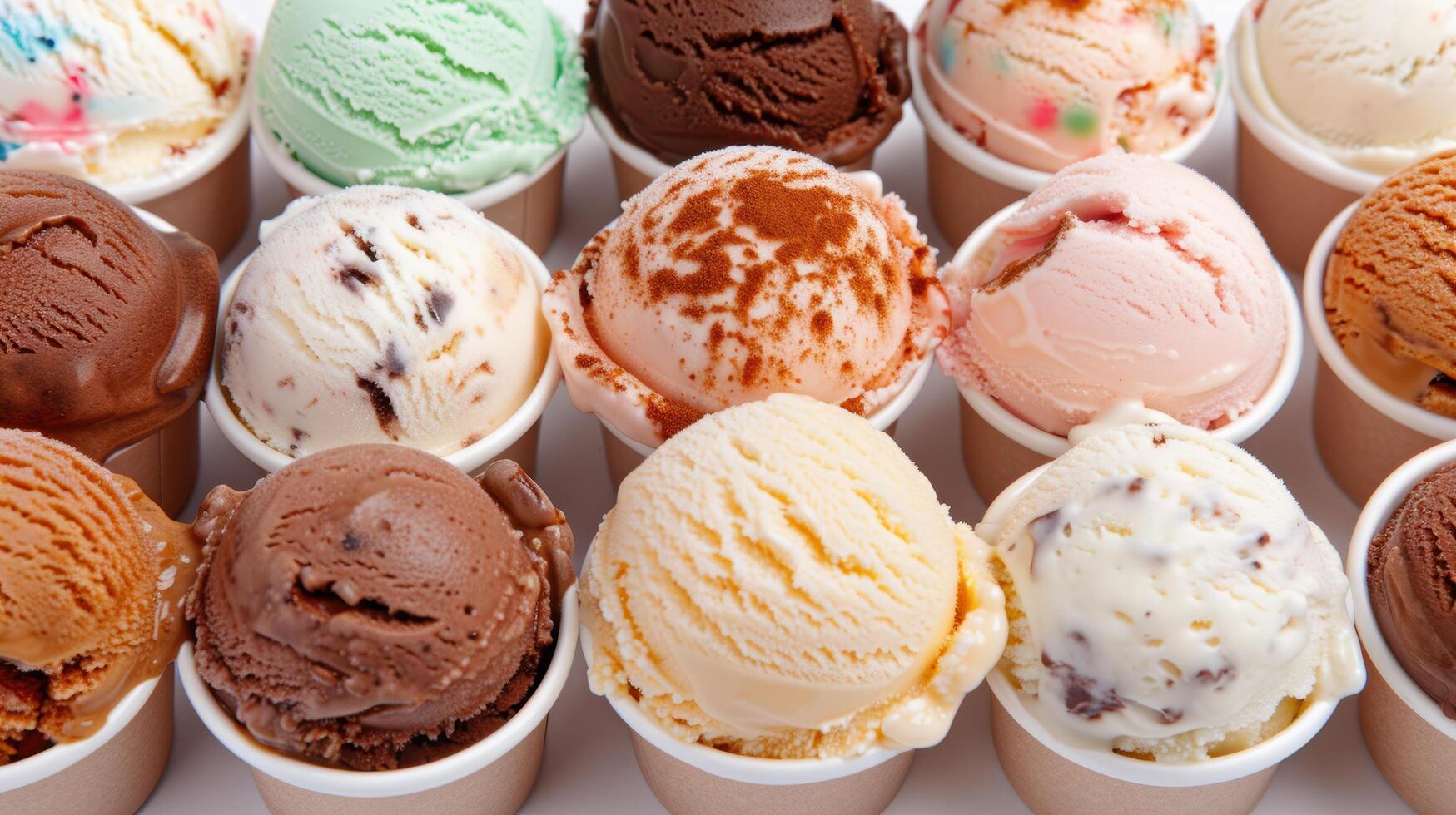 Assortment of delicious ice cream scoops in various flavors photo