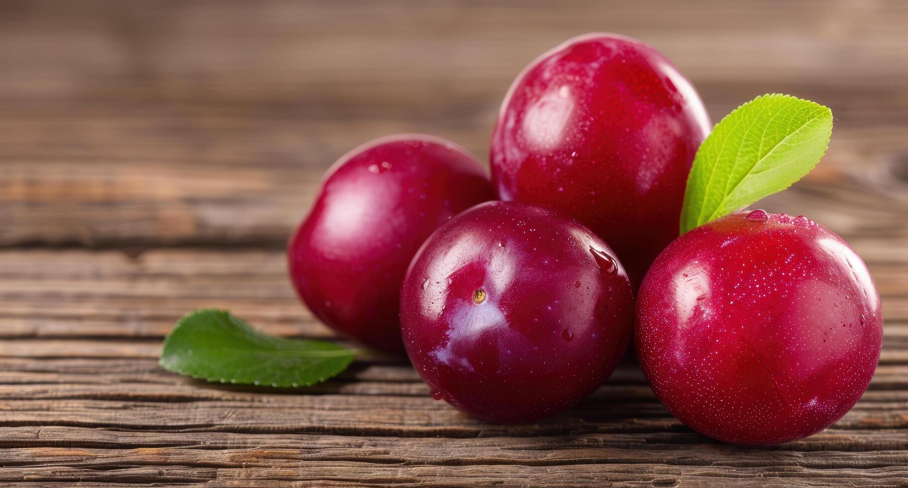 Ripe red plums on wooden table photo