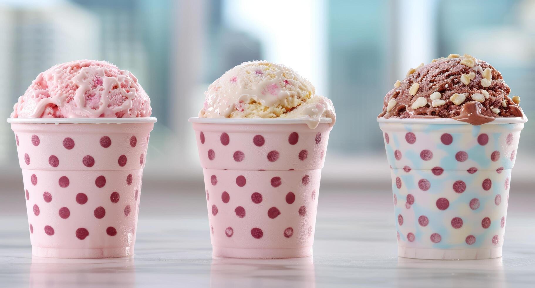 Delicious ice cream scoops in polka dot cups photo