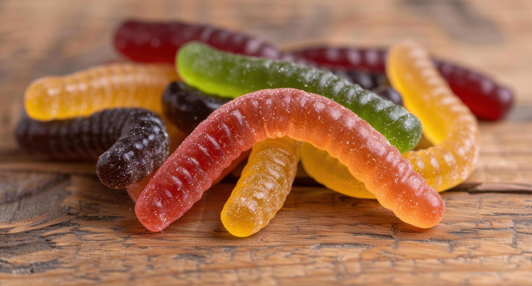 Assorted colorful gummy candies on a wooden table photo