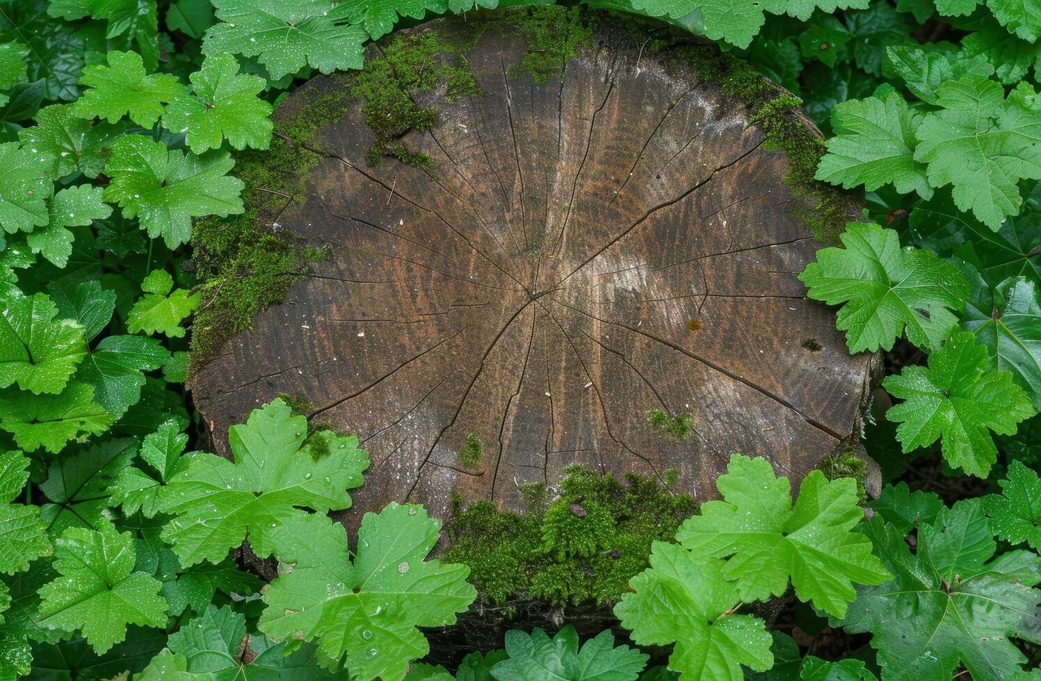 Mossy log surrounded by lush green leaves photo