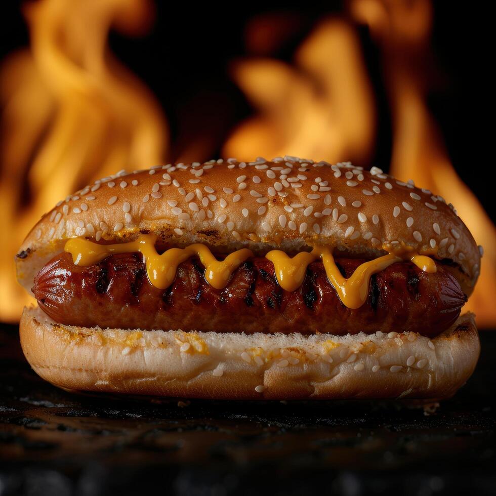 Delicious grilled hot dog with mustard and bun photo
