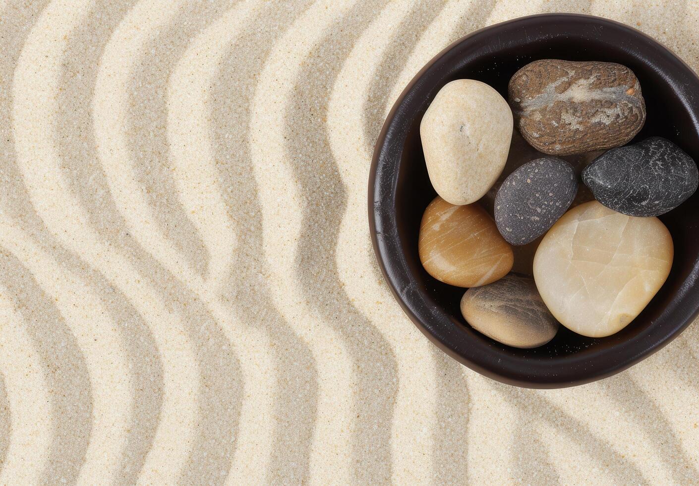 Zen stones in a bowl on a sandy background photo