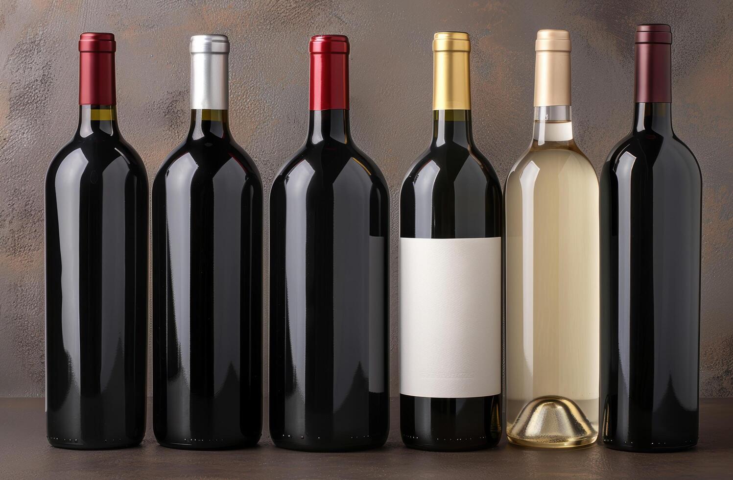 Assortment of red and white wine bottles on a dark background photo