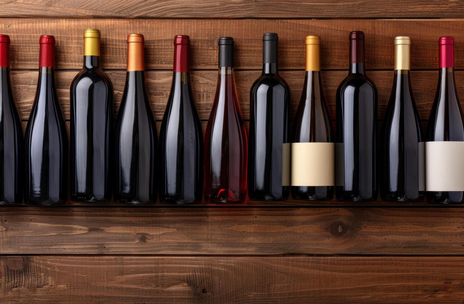 Assortment of red and white wine bottles on wooden shelves photo