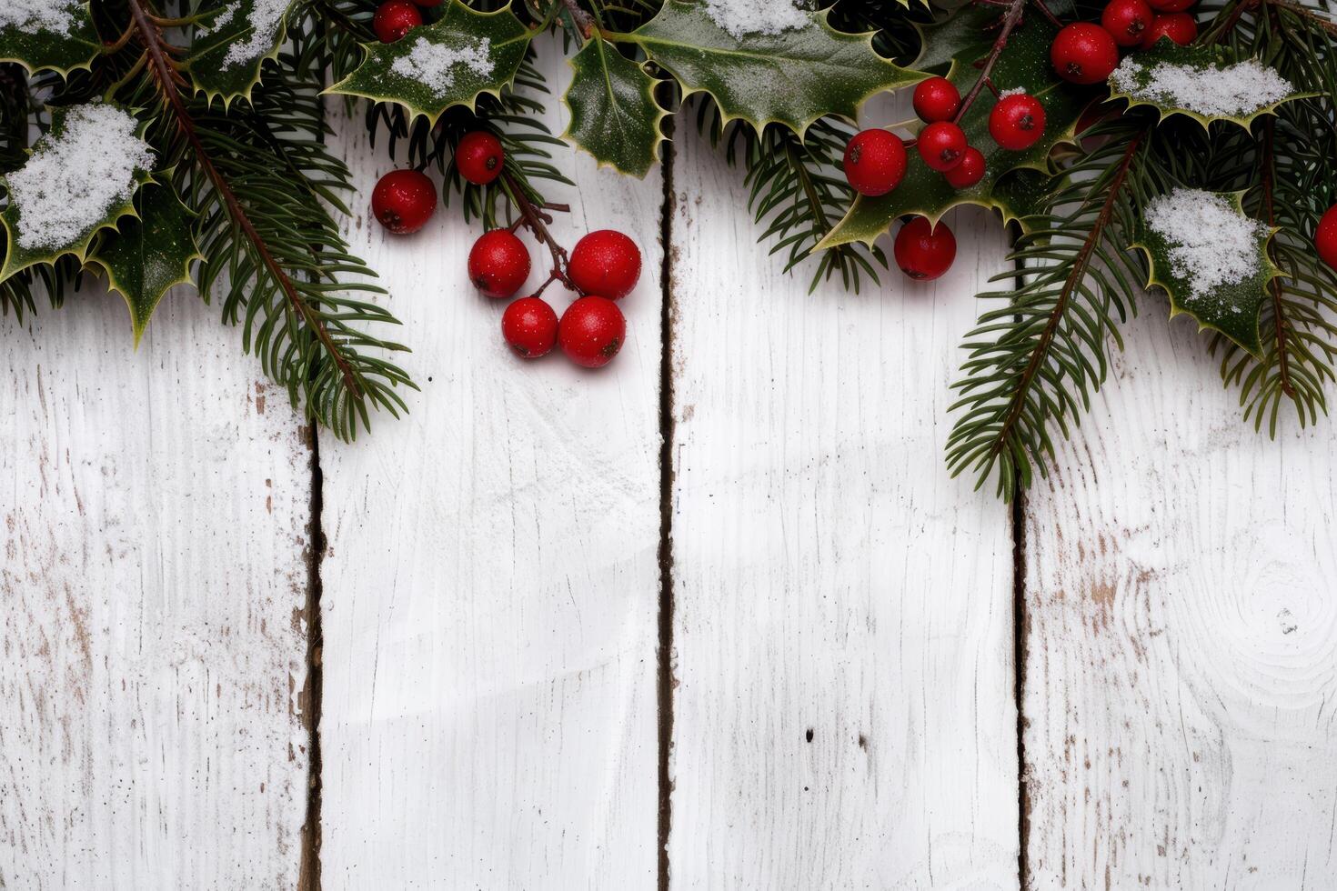 festive winter holiday background with snow covered pine branches and red berries photo