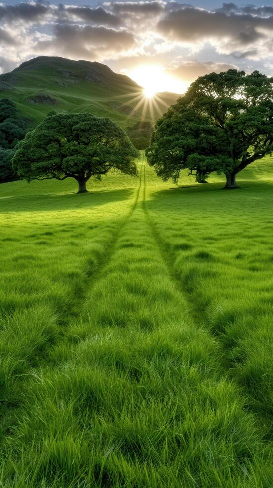Serene countryside landscape with rolling hills and lush green trees photo
