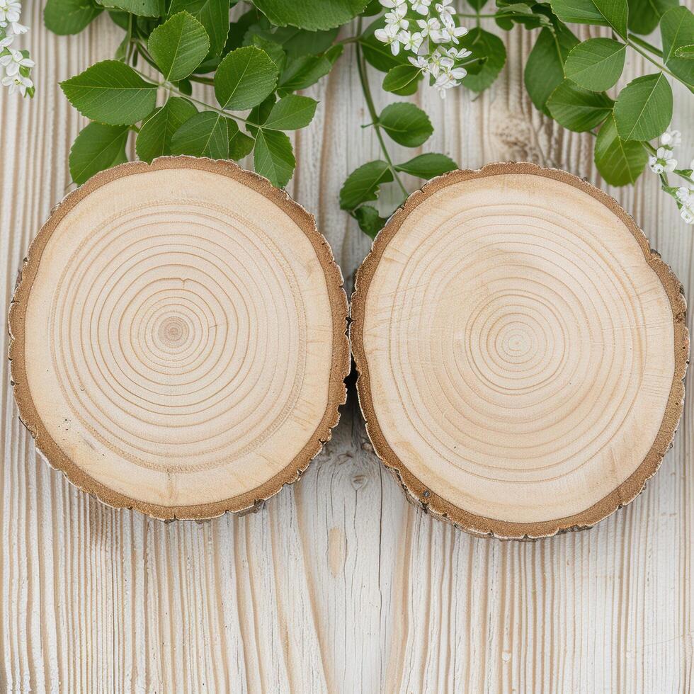 Wooden log slices on rustic wooden background with greenery photo