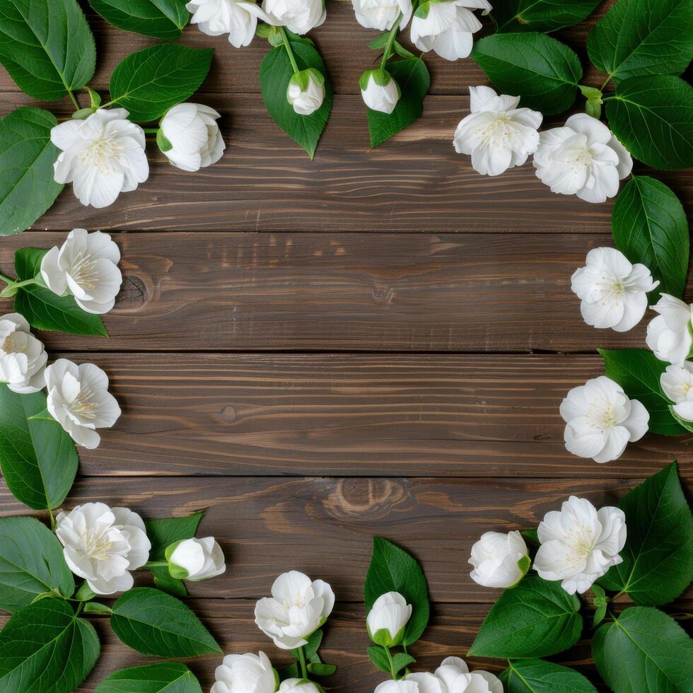 Floral frame with white jasmine flowers on wooden background photo
