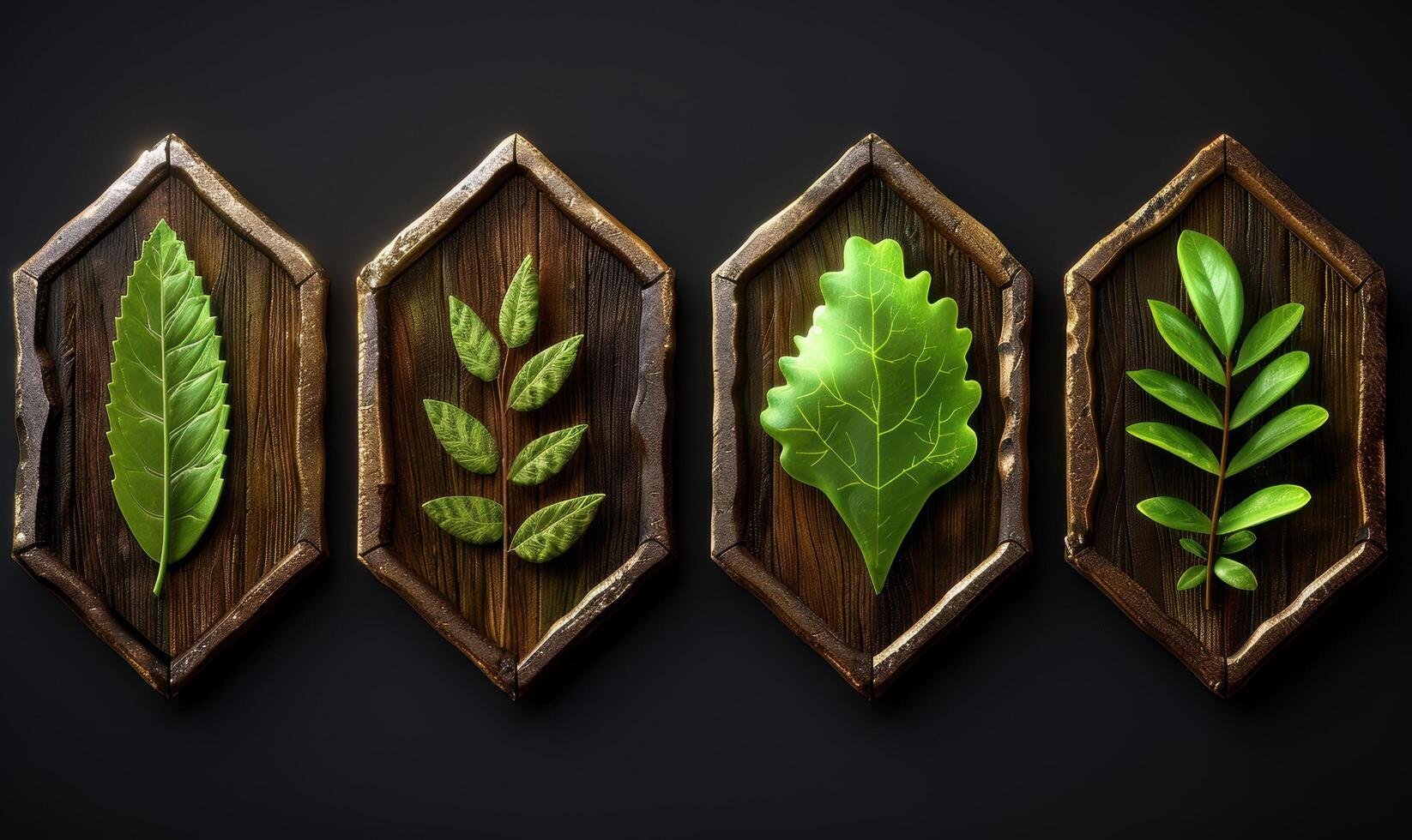 Assorted fresh green leaves in wooden frames photo