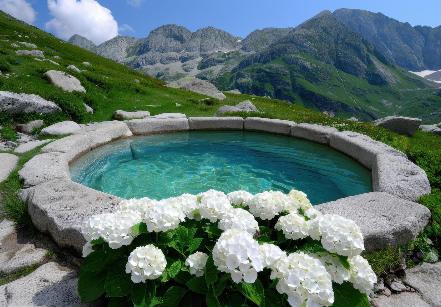 Scenic mountain pool with white flowers photo