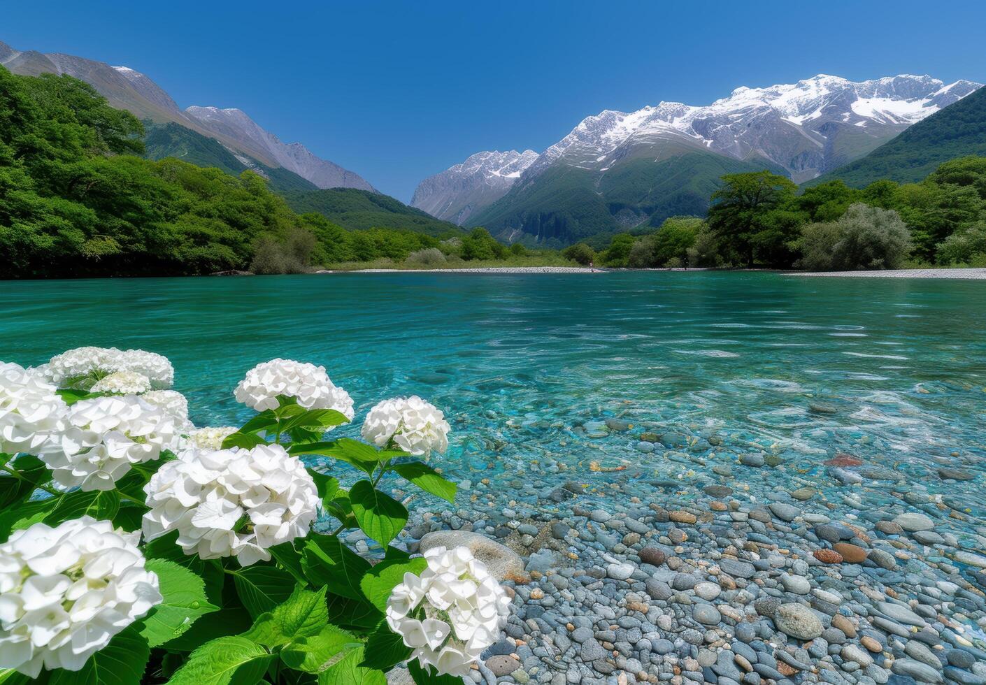 Serene mountain lake with crystal clear waters and lush greenery photo